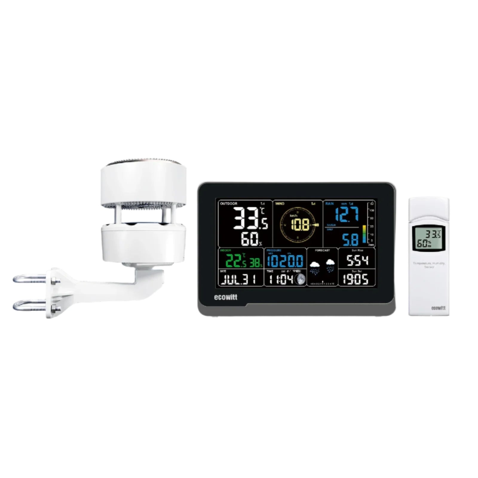The image shows a weather station set which includes a 7.5" LCD display console, a white sensor array with a solar panel, and a separate white temperature and humidity sensor.