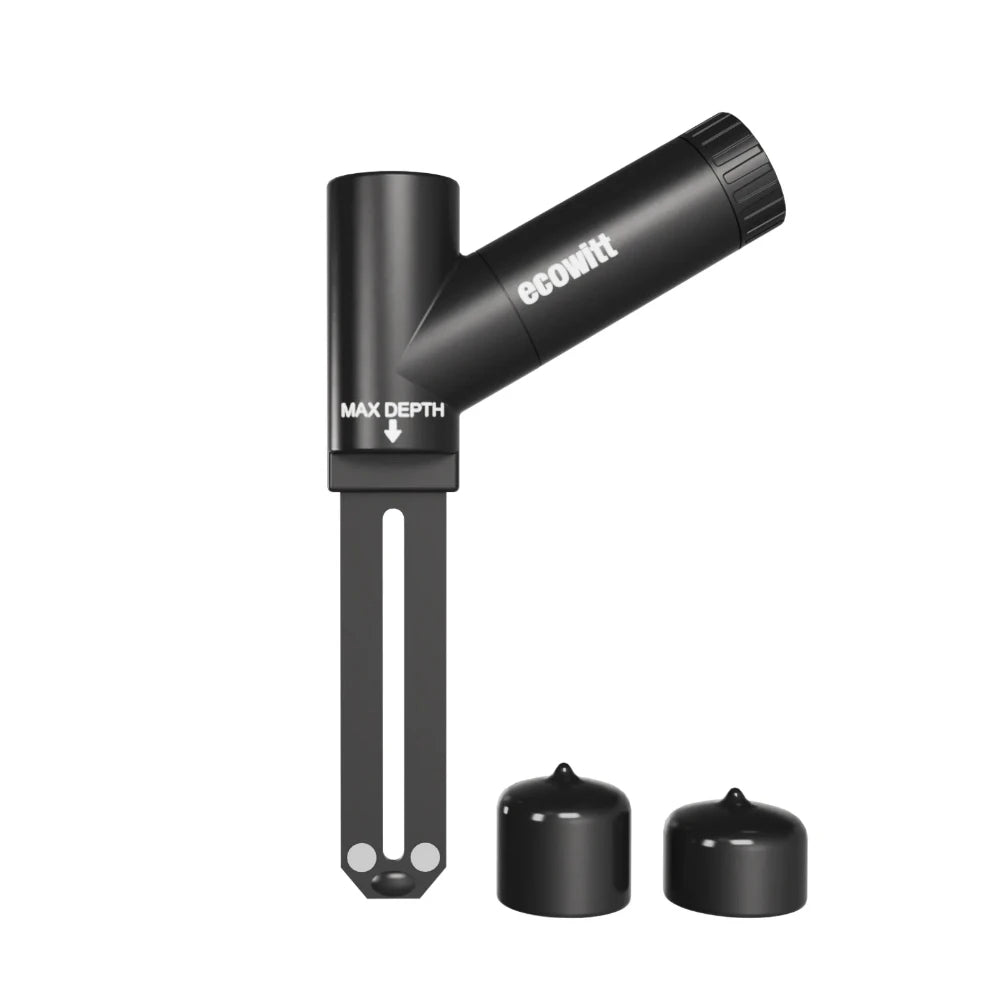 Black soil sensor with 'Ecowitt' branding on a white background