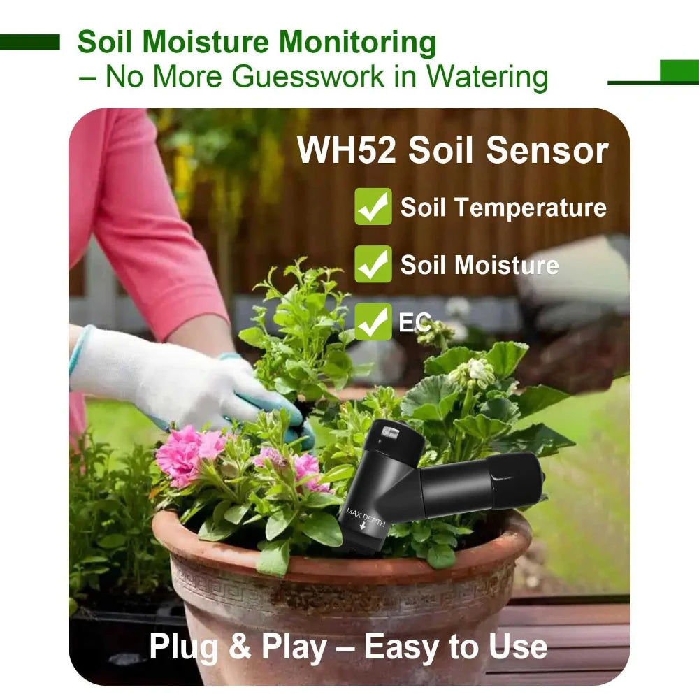 WH52 Soil Sensor being used to monitor soil moisture in a potted plant with text about soil monitoring.