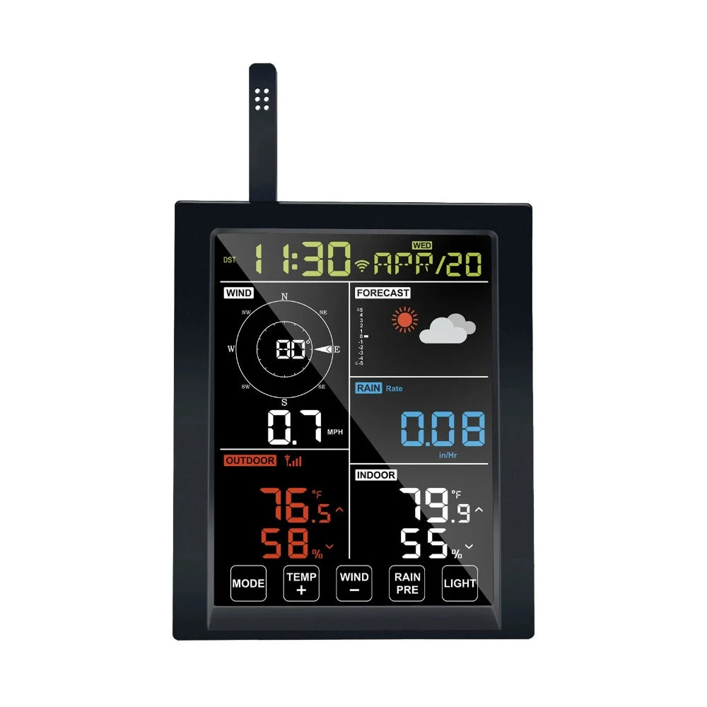Digital weather station with multiple display elements on a white background