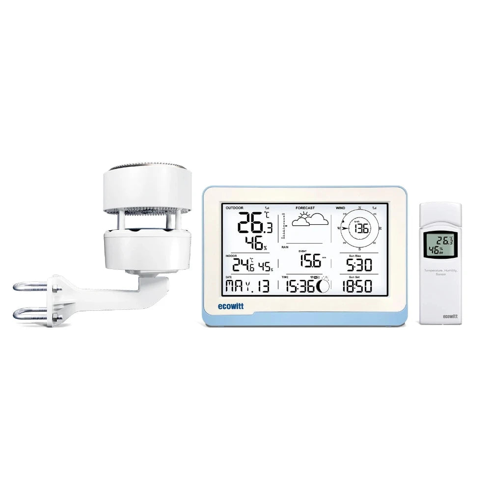 The image shows a weather station set which includes a 7.5" LCD display console, a white sensor array with a solar panel, and a separate white temperature and humidity sensor.