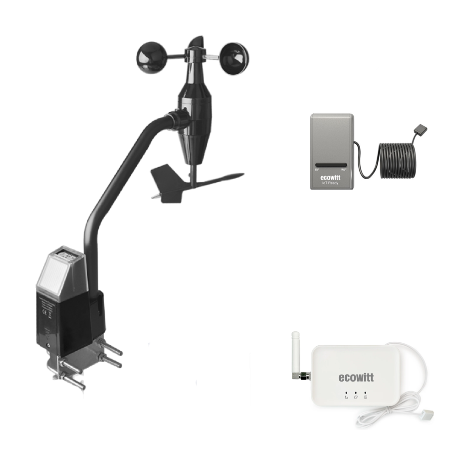 Weather station components including a wind sensor, temperature sensor, and data logger on a white background.