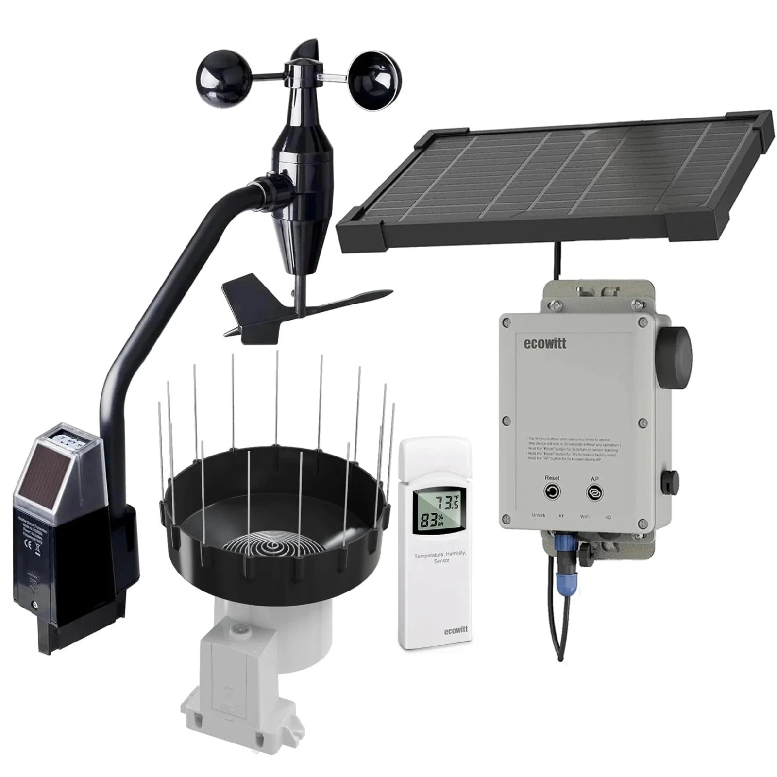 Weather station with solar panel, wind sensor, rain gauge, and digital display on a white background